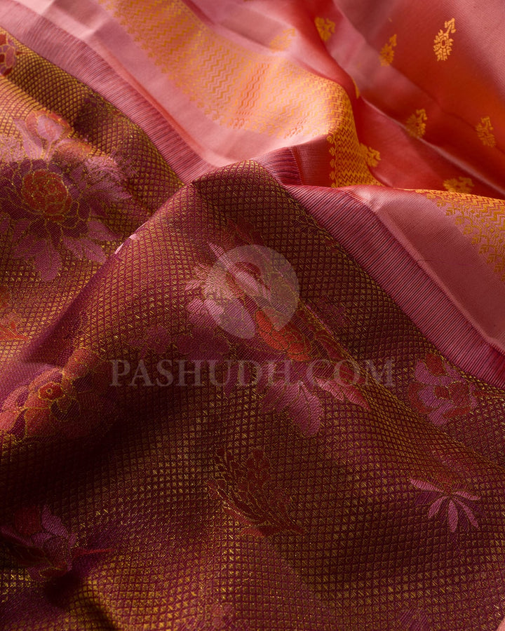 Multishades Of Baby Pink,Rust Orange,Maroon And Wine Kanjivaram Silk Saree-DJ445(B)