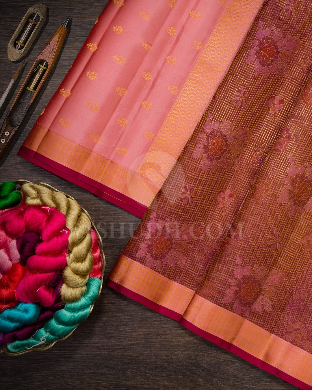 Multishades Of Baby Pink,Rust Orange,Maroon And Wine Kanjivaram Silk Saree-DJ445(B)