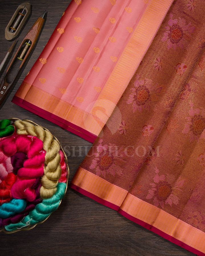 Multishades Of Baby Pink,Rust Orange,Maroon And Wine Kanjivaram Silk Saree-DJ445(B)