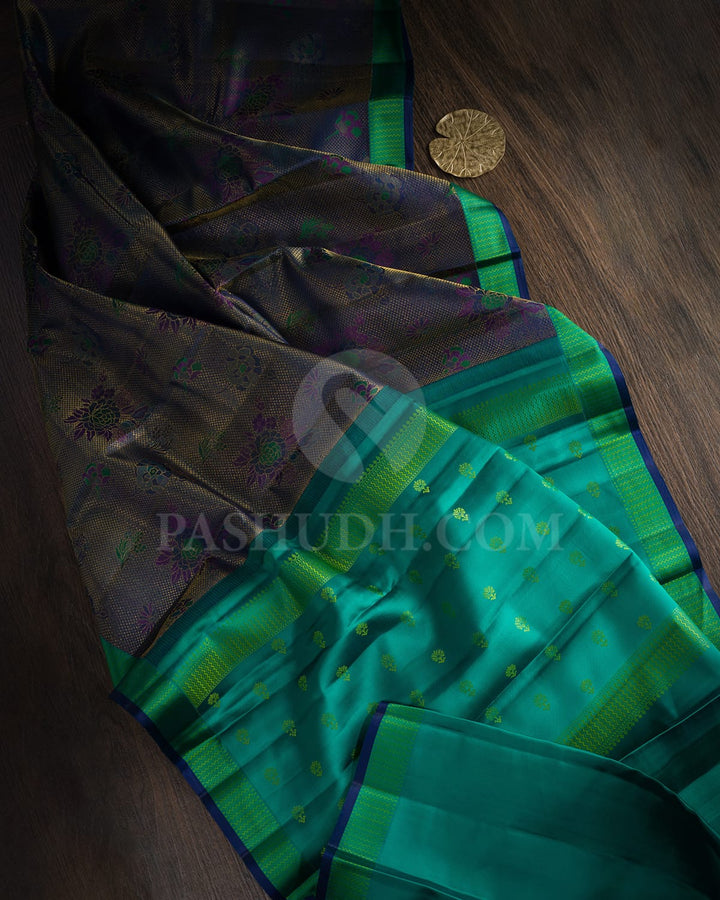 Multicolor Of Peacock Green,Forest Green,Magenta And Navy Blue Kanjivaram Silk Saree-DJ445(C)