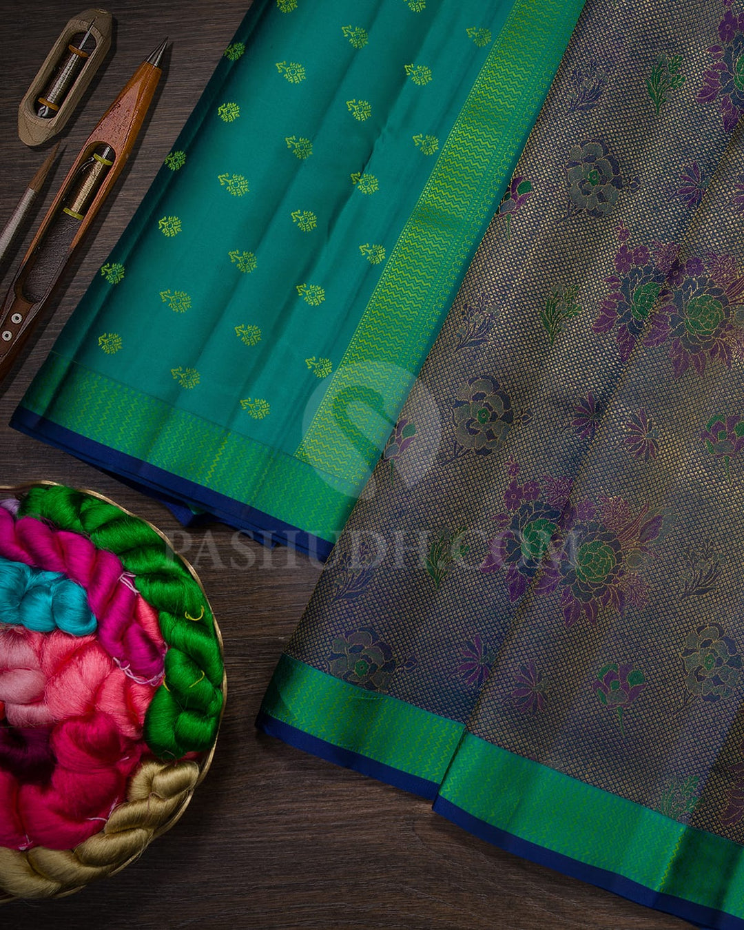 Multicolor Of Peacock Green,Forest Green,Magenta And Navy Blue Kanjivaram Silk Saree-DJ445(C)