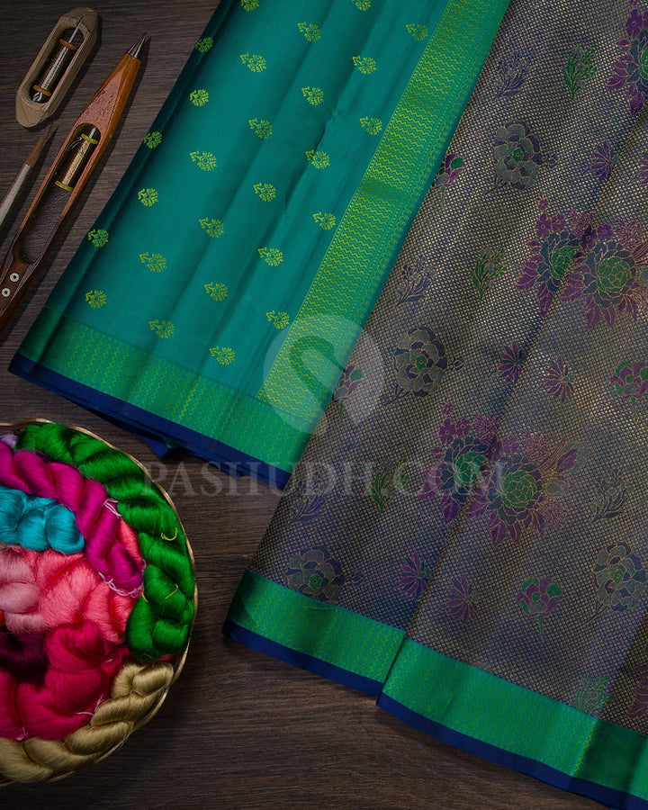 Multicolor Of Peacock Green,Forest Green,Magenta And Navy Blue Kanjivaram Silk Saree-DJ445(C)
