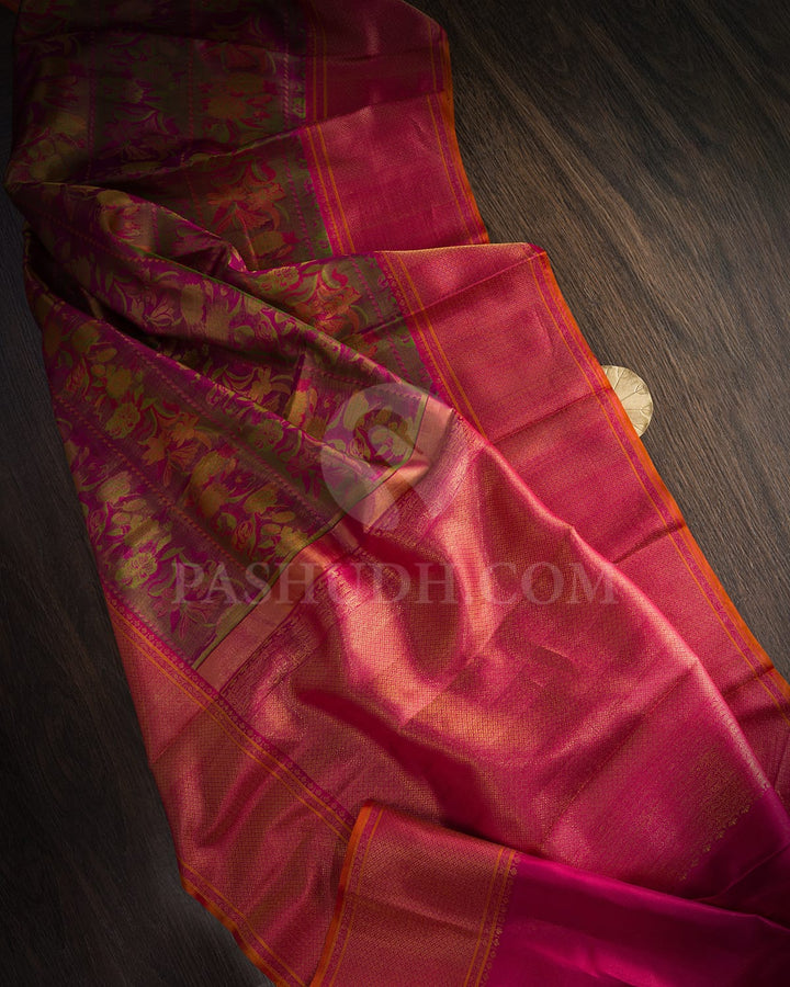 Shades Of Pink,Green With Red Violet Kanjivaram Silk Saree-D645(F)