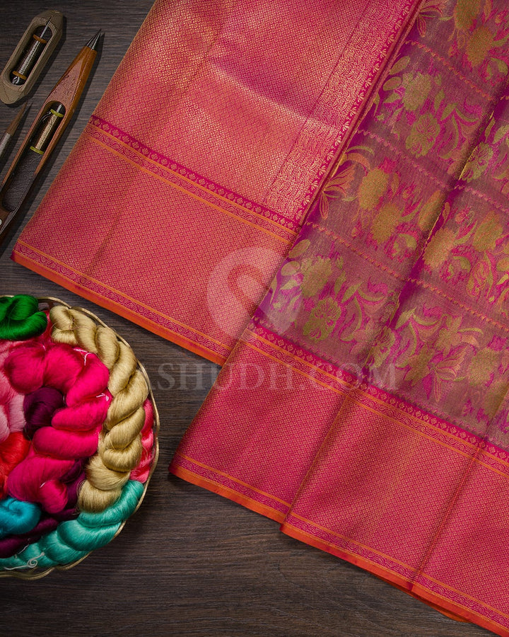 Shades Of Pink,Green With Red Violet Kanjivaram Silk Saree-D645(F)