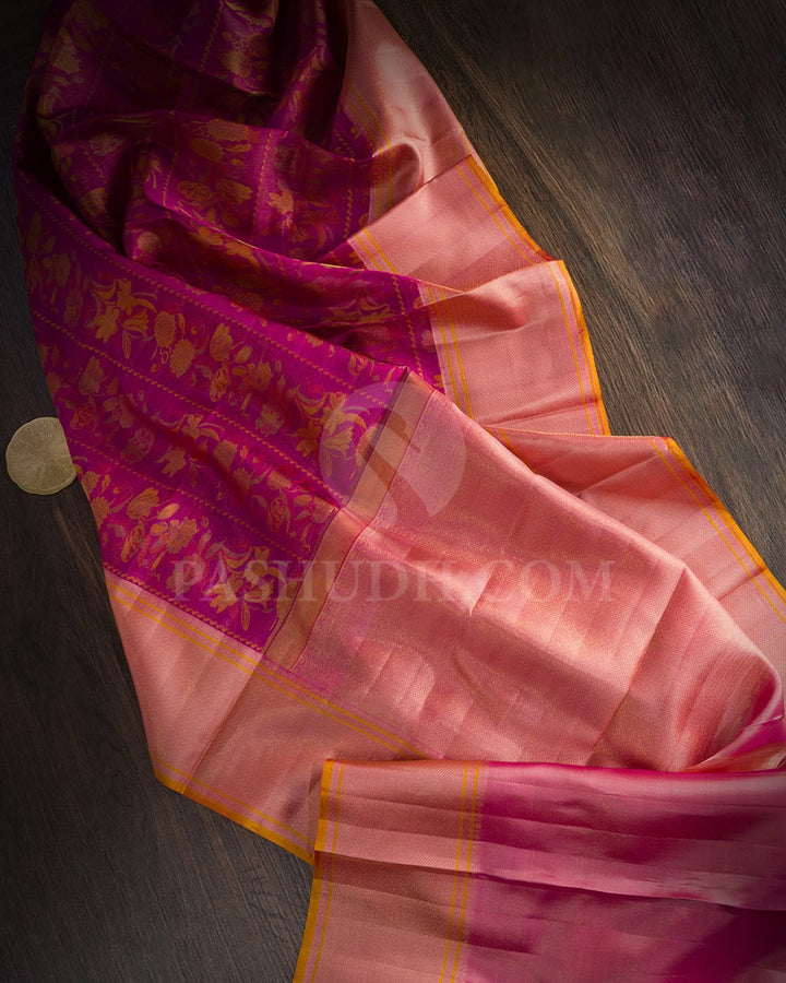 Shades Of Pink,Golden Yellow With Tulian Pink Kanjivaram Silk Saree-D645(E)