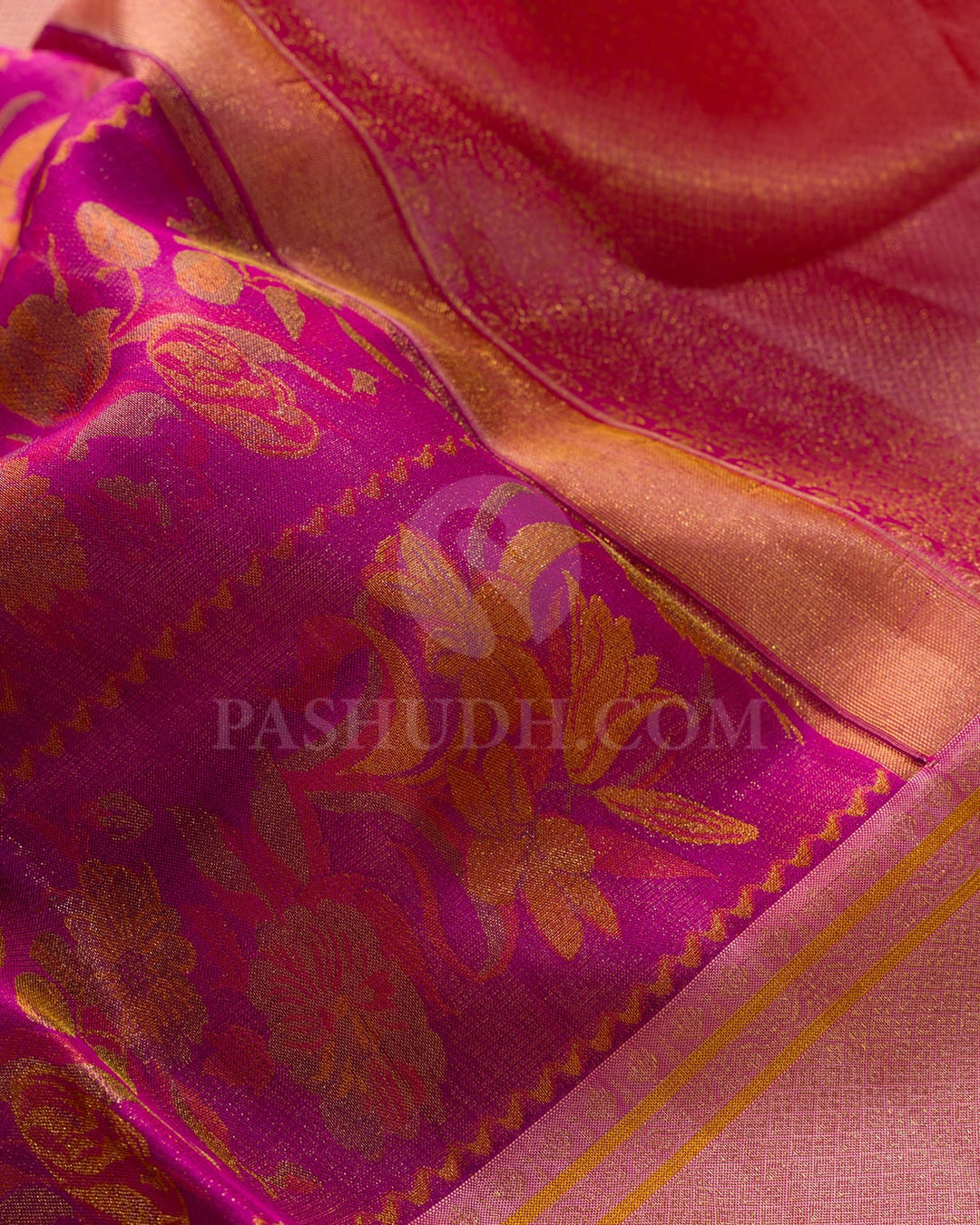 Shades Of Pink,Golden Yellow With Tulian Pink Kanjivaram Silk Saree-D645(E)