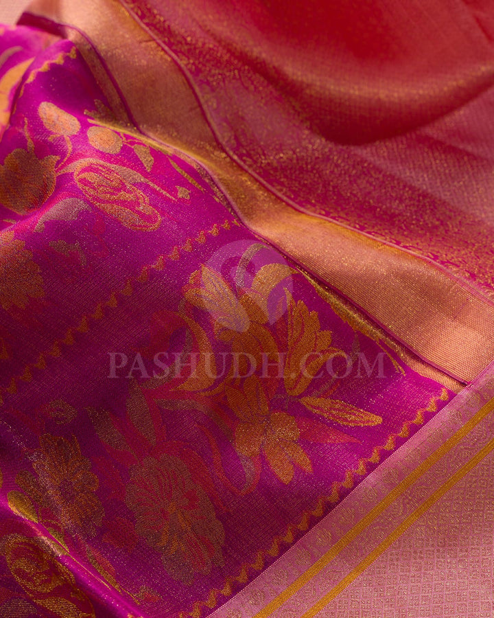 Shades Of Pink,Golden Yellow With Tulian Pink Kanjivaram Silk Saree-D645(E)