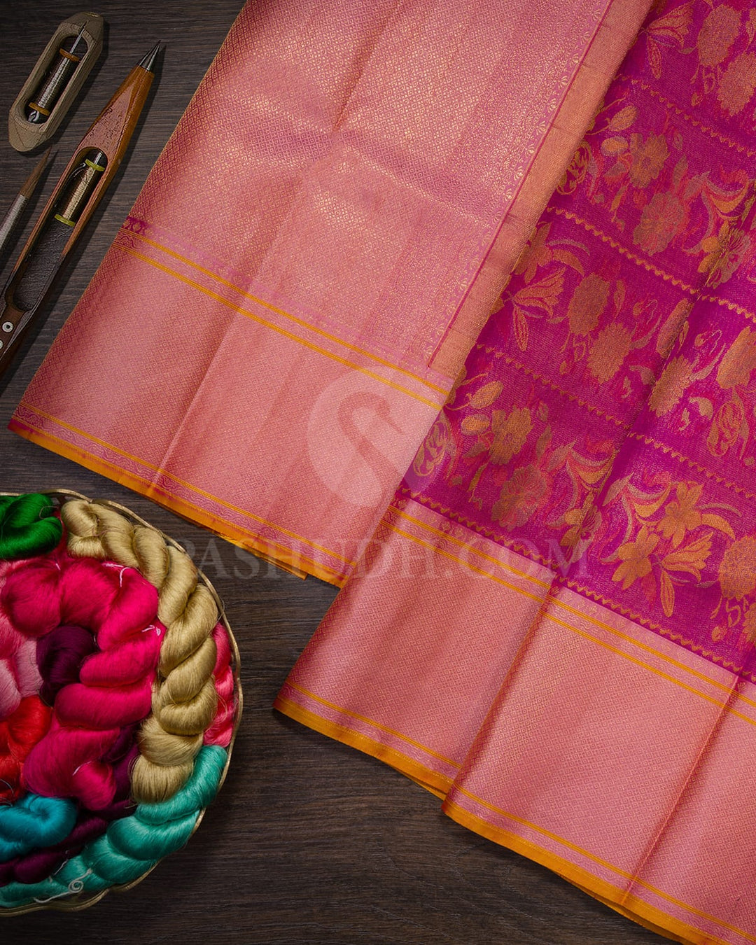 Shades Of Pink,Golden Yellow With Tulian Pink Kanjivaram Silk Saree-D645(E)