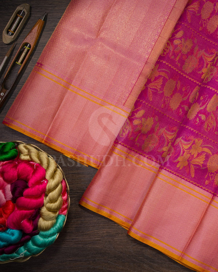 Shades Of Pink,Golden Yellow With Tulian Pink Kanjivaram Silk Saree-D645(E)