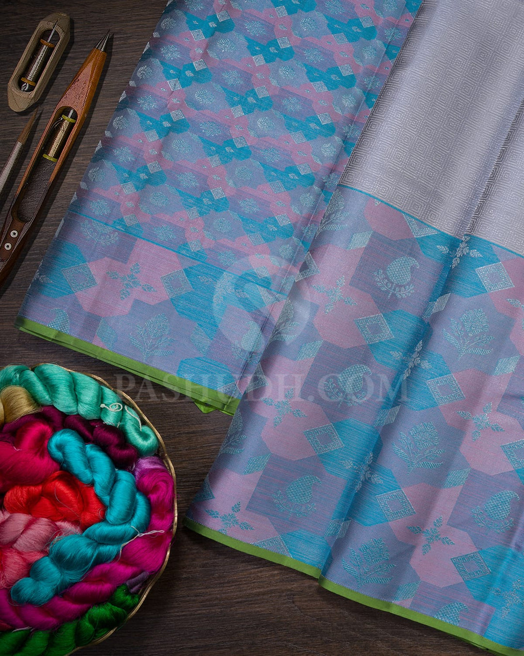 Silver Grey With Multicolor Kanjivaram Silk Saree-DJ424(E)