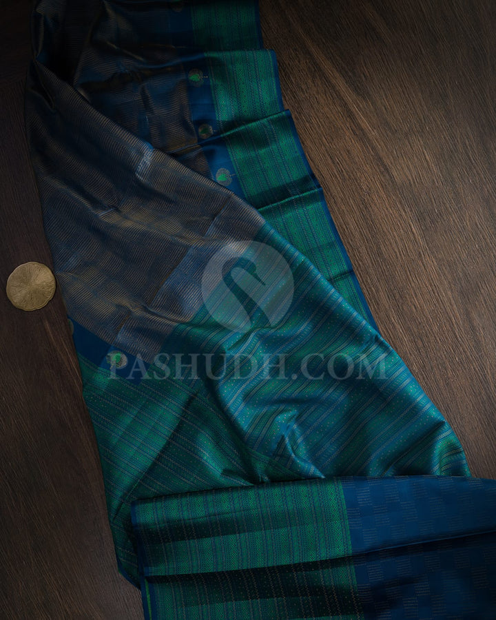 Prussian Blue With Forest Green Kanjivaram Silk Saree-D631(G)