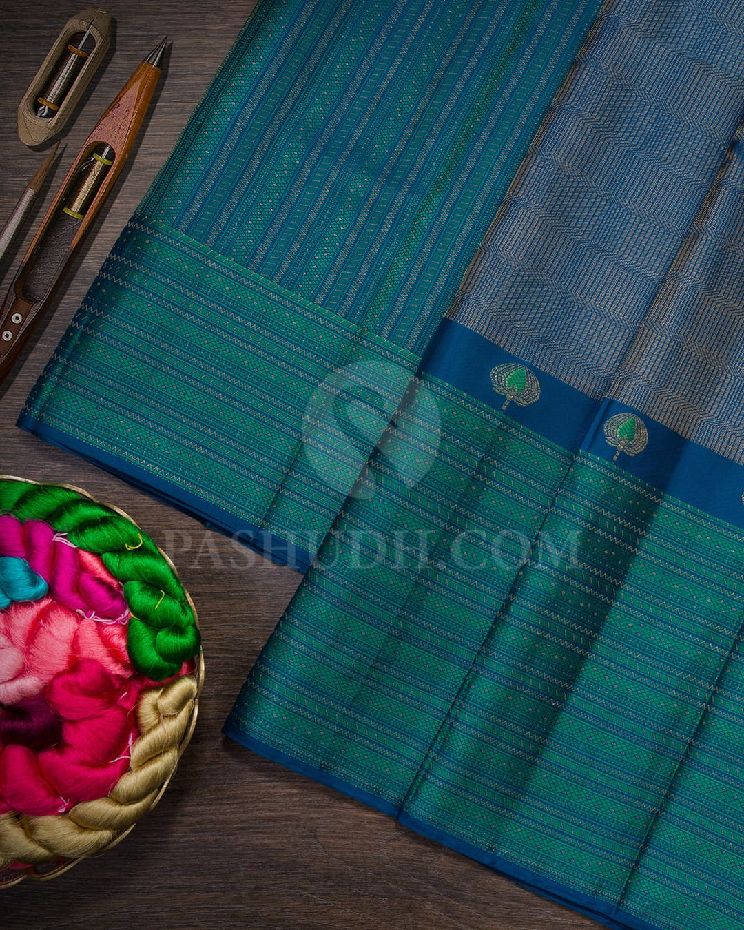 Prussian Blue With Forest Green Kanjivaram Silk Saree-D631(G)