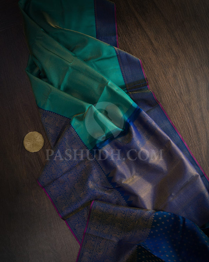 Shamrock Green With Dual Shaded Peacock Blue Kanjivaram Silk Saree-DJ434(E)