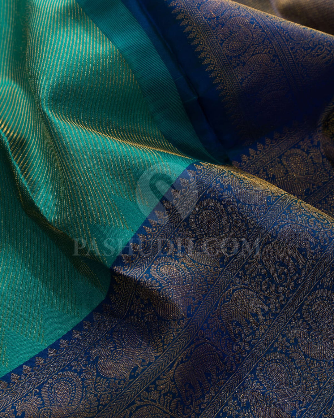 Shamrock Green With Dual Shaded Peacock Blue Kanjivaram Silk Saree-DJ434(E)