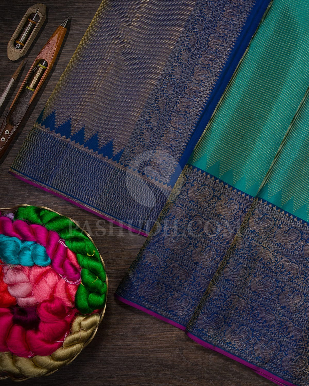 Shamrock Green With Dual Shaded Peacock Blue Kanjivaram Silk Saree-DJ434(E)