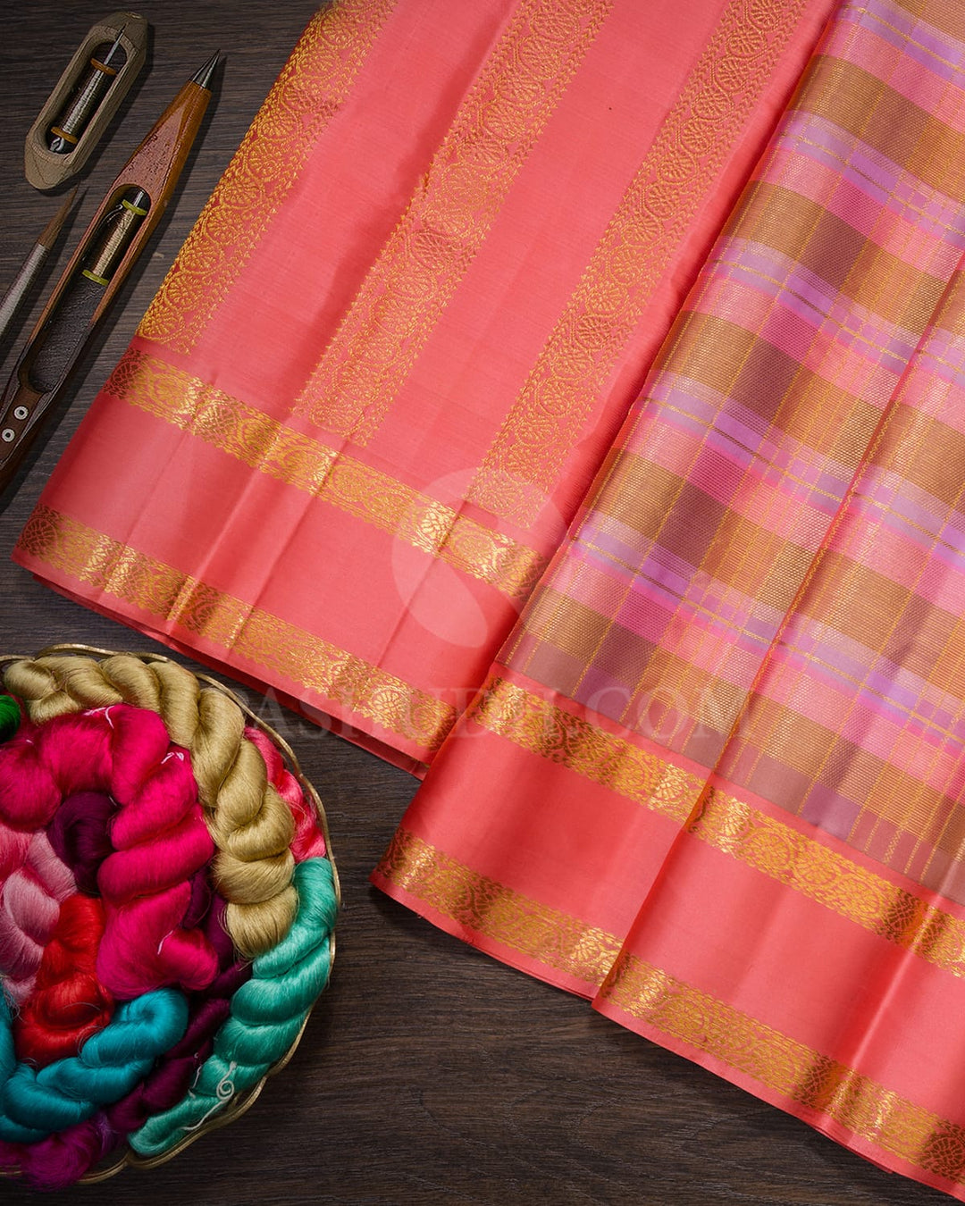 Lilac,Pink And Dusty Pink With Coral Pink Kanjivaram Silk Saree-DJ382(G)
