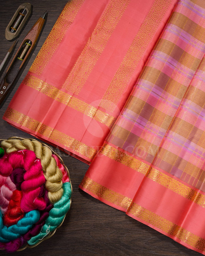 Lilac,Pink And Dusty Pink With Coral Pink Kanjivaram Silk Saree-DJ382(G)