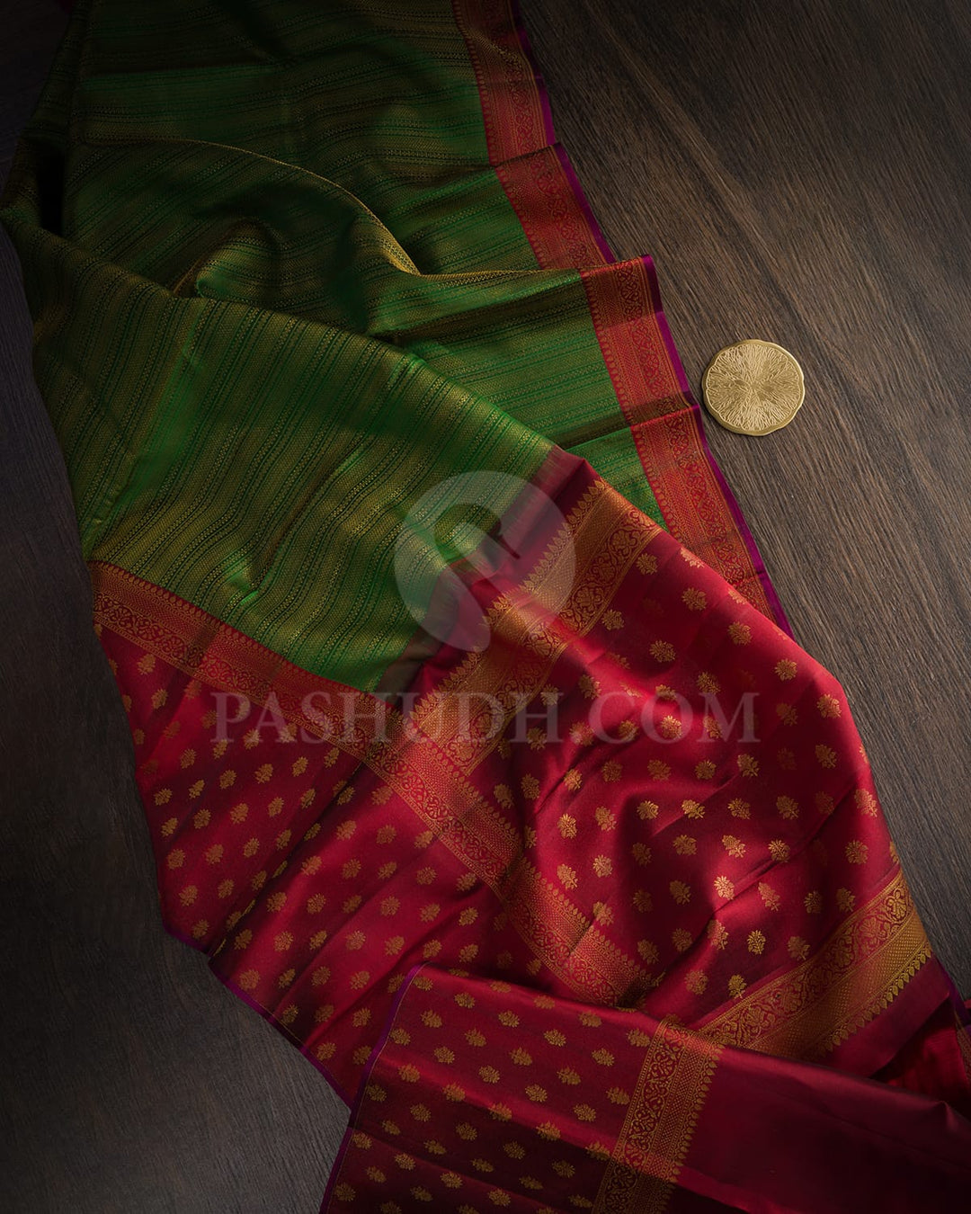 Bottle Green With Maroon Kanjivaram Silk Saree-DJ443(C)