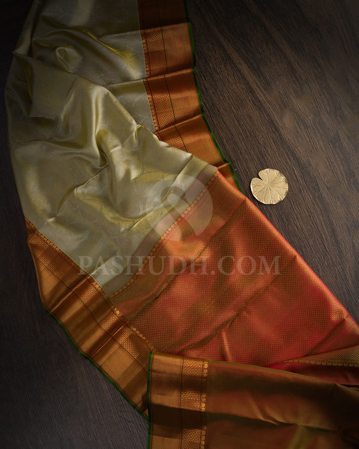 Dual Shaded Ivory With Olive Green Kanjivaram Silk Saree-D584(B)