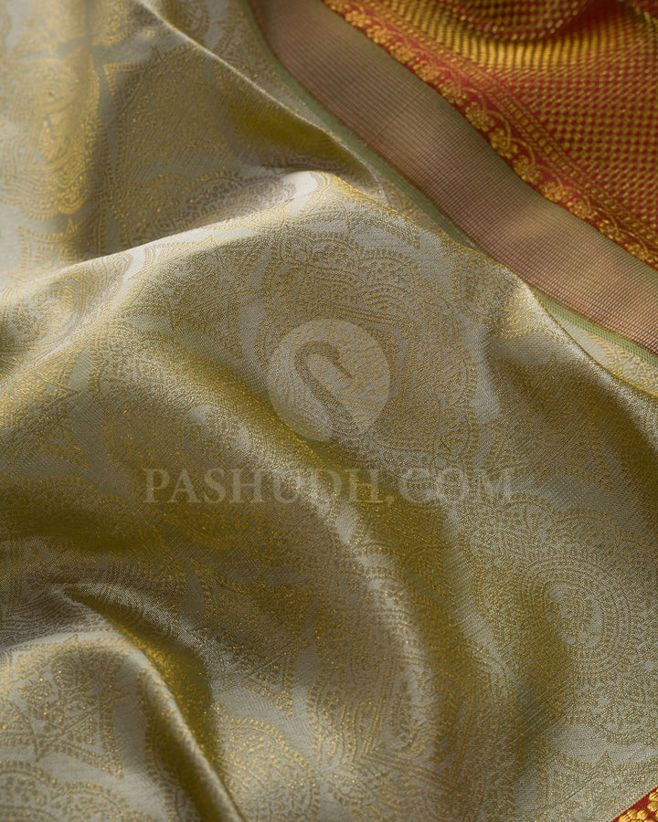 Dual Shaded Ivory With Olive Green Kanjivaram Silk Saree-D584(B)