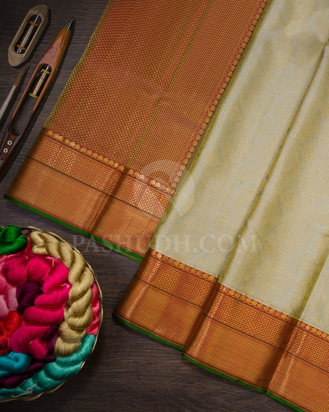 Dual Shaded Ivory With Olive Green Kanjivaram Silk Saree-D584(B)