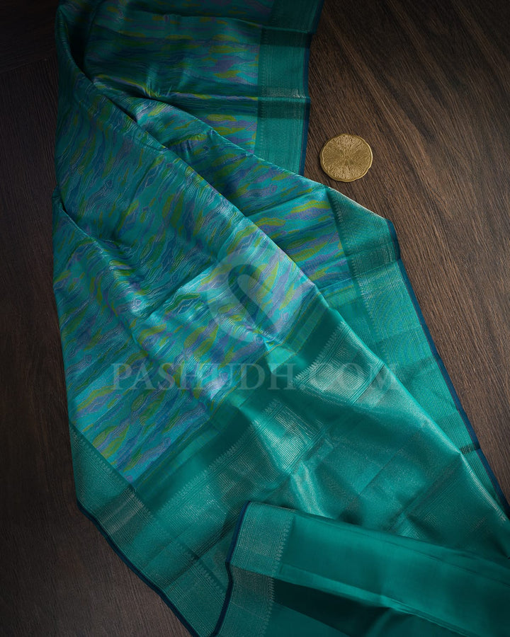 Sky Blue, Pistachio Green And Lavender With Pine Green Kanjivaram Silk Saree-DJ438(B)