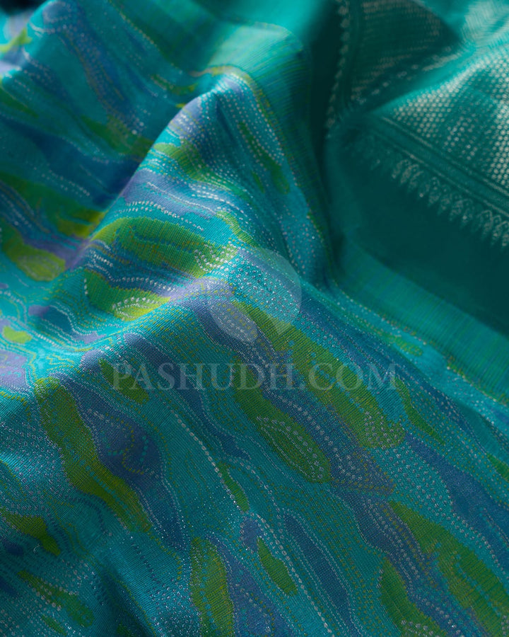 Sky Blue, Pistachio Green And Lavender With Pine Green Kanjivaram Silk Saree-DJ438(B)