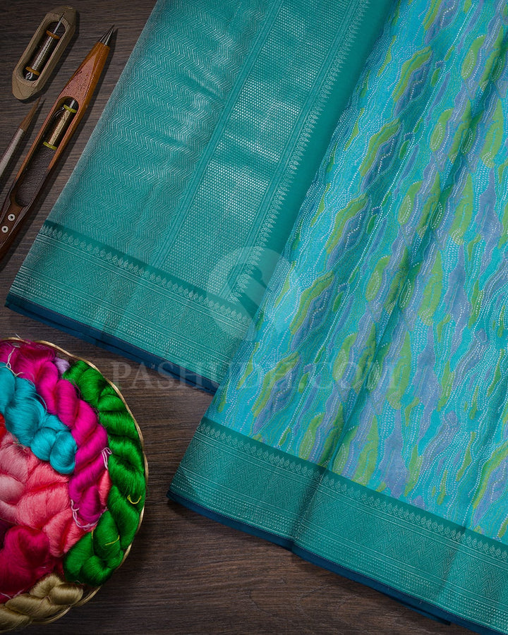 Sky Blue, Pistachio Green And Lavender With Pine Green Kanjivaram Silk Saree-DJ438(B)