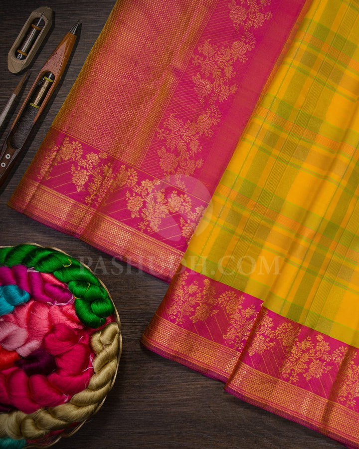 Sunflower Yellow With Rani Pink Kanjivaram Silk Saree-DJ449(B)