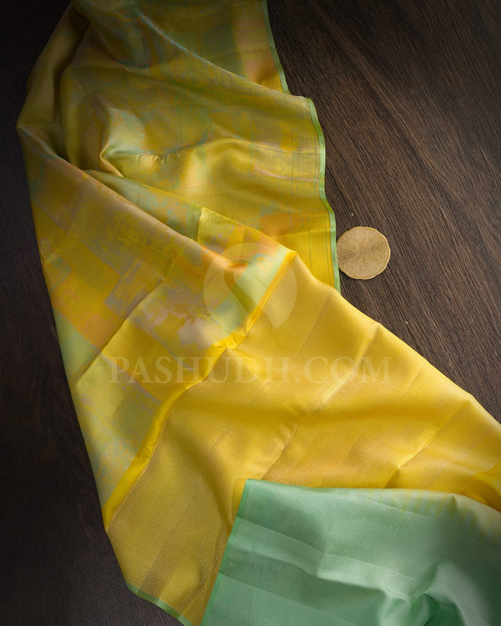 Shades Of Yellow And Green With Pista Green Borderless Kanjivaram Silk Saree-DJ403(E)
