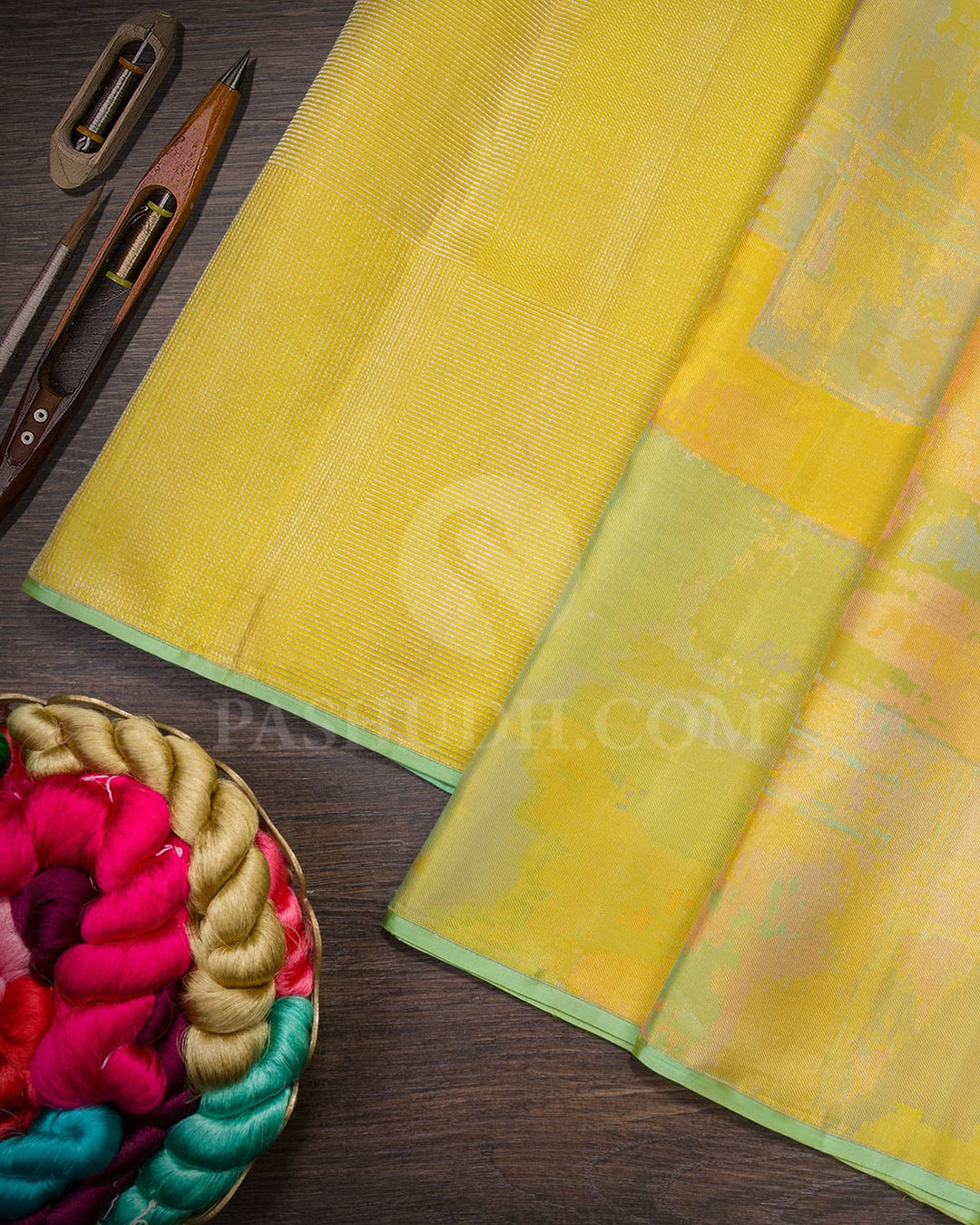 Shades Of Yellow And Green With Pista Green Borderless Kanjivaram Silk Saree-DJ403(E)