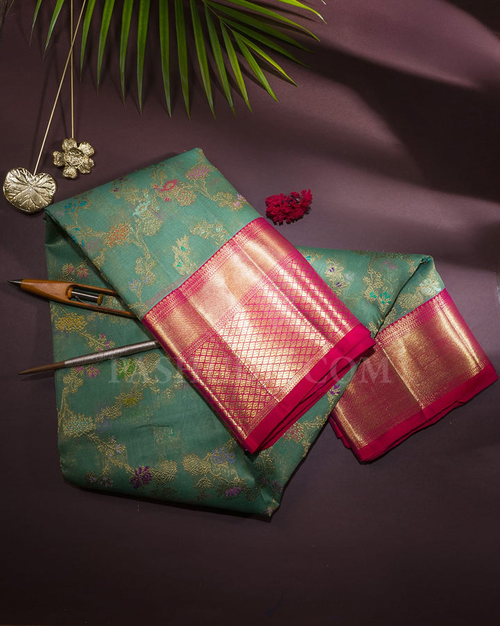 Sage Green With Dual Shaded Reddish Pink Kora Organza Kanjivaram Silk Saree-DA6