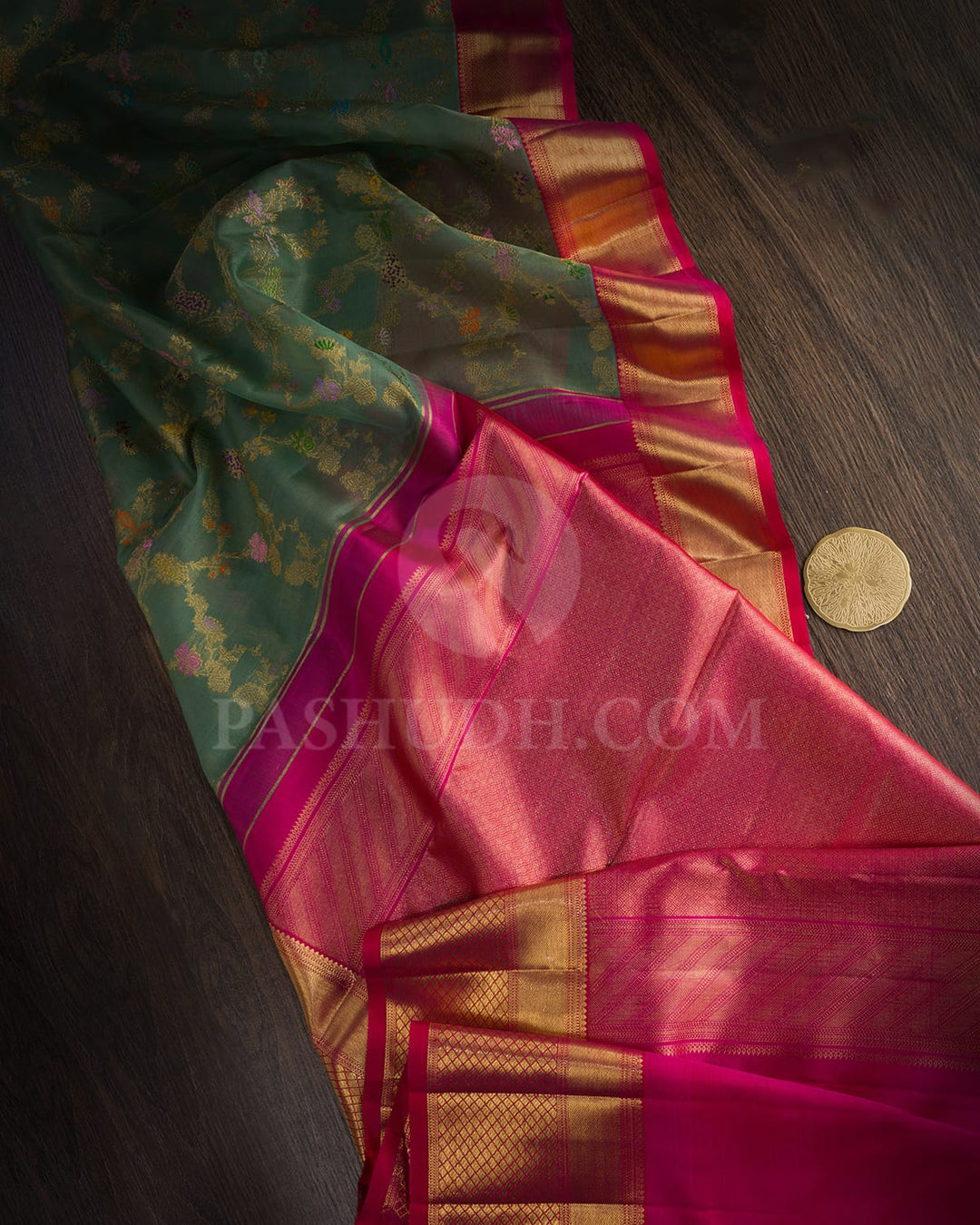 Sage Green With Dual Shaded Reddish Pink Kora Organza Kanjivaram Silk Saree-DA6