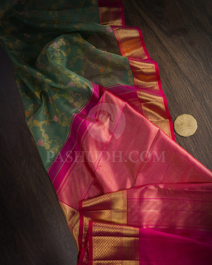 Sage Green With Dual Shaded Reddish Pink Kora Organza Kanjivaram Silk Saree-DA6