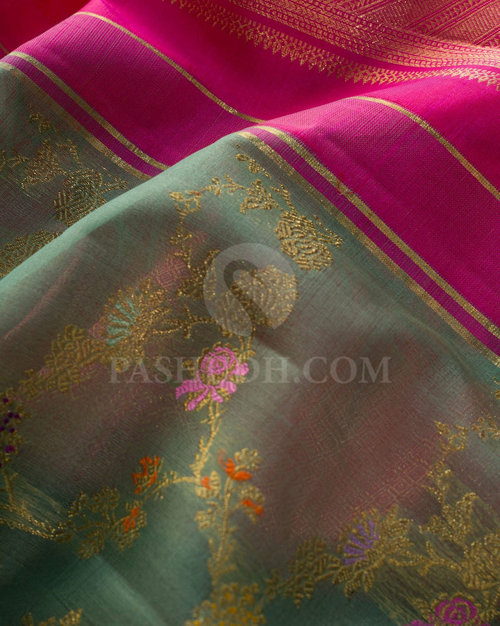 Sage Green With Dual Shaded Reddish Pink Kora Organza Kanjivaram Silk Saree-DA6