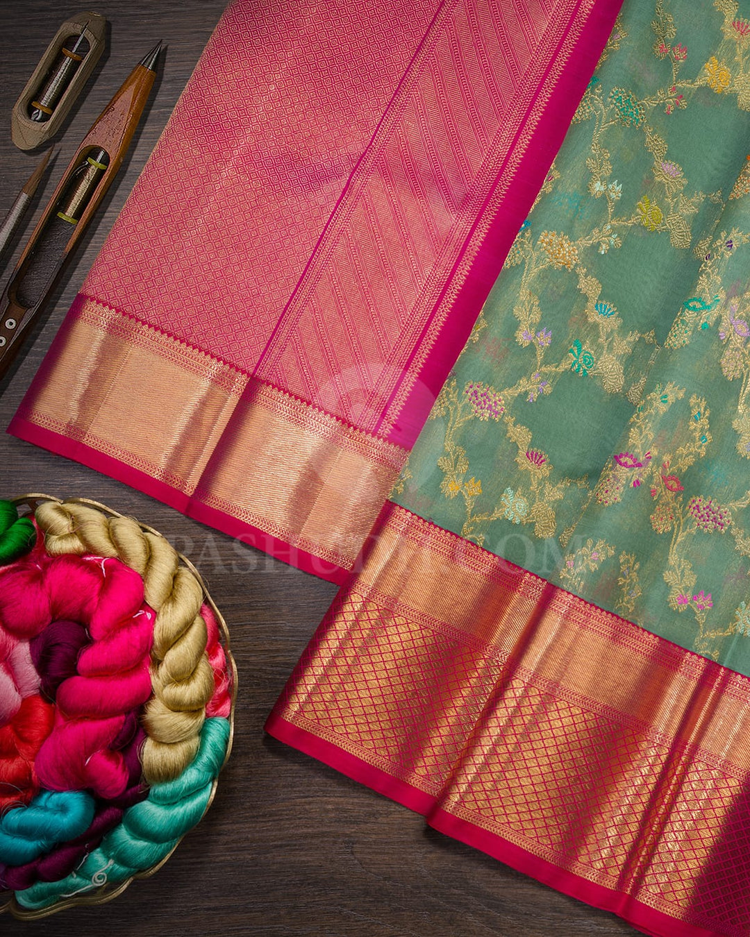 Sage Green With Dual Shaded Reddish Pink Kora Organza Kanjivaram Silk Saree-DA6
