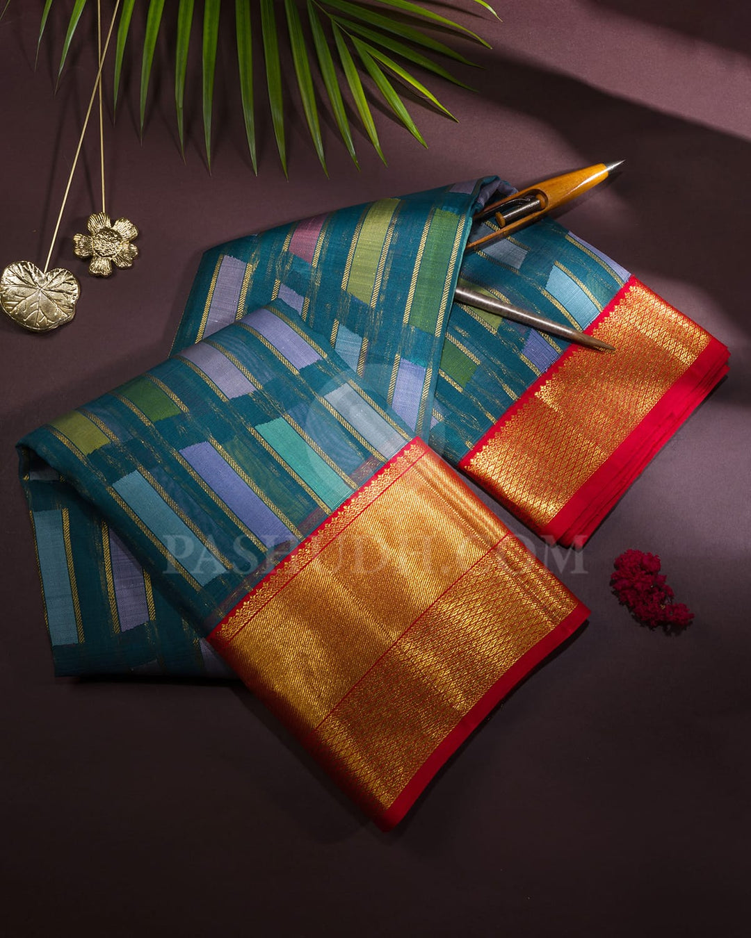 Dark Teal With Bright Red Kora Organza Kanjivaram Silk Saree-DA8