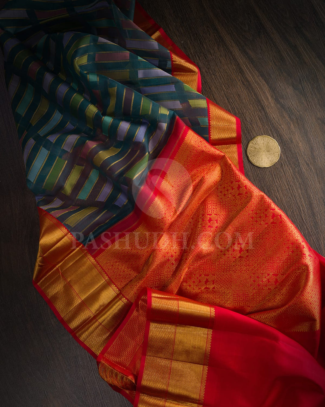 Dark Teal With Bright Red Kora Organza Kanjivaram Silk Saree-DA8