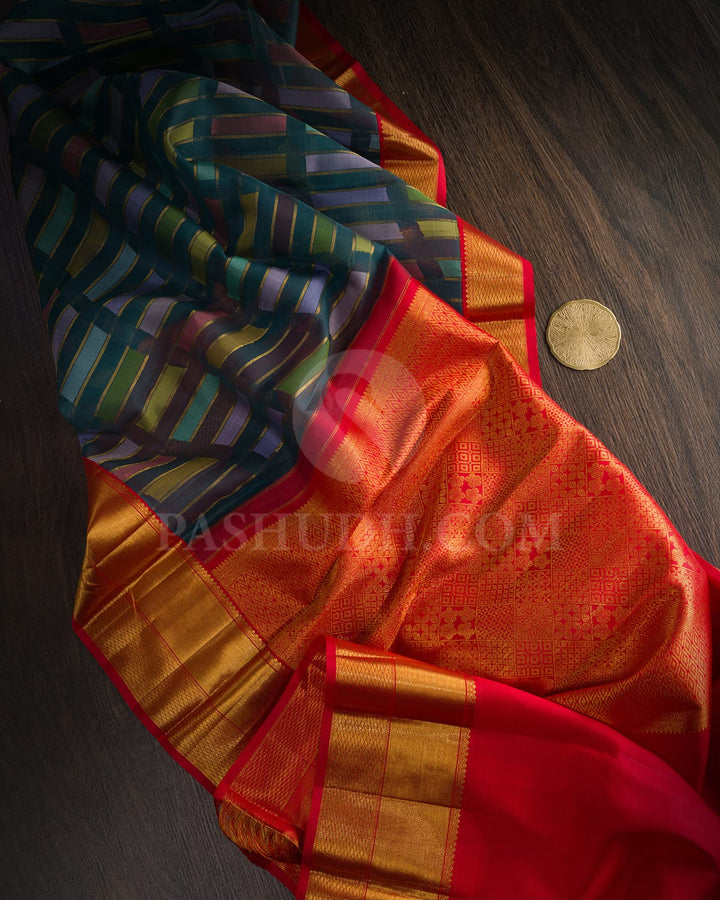 Dark Teal With Bright Red Kora Organza Kanjivaram Silk Saree-DA8