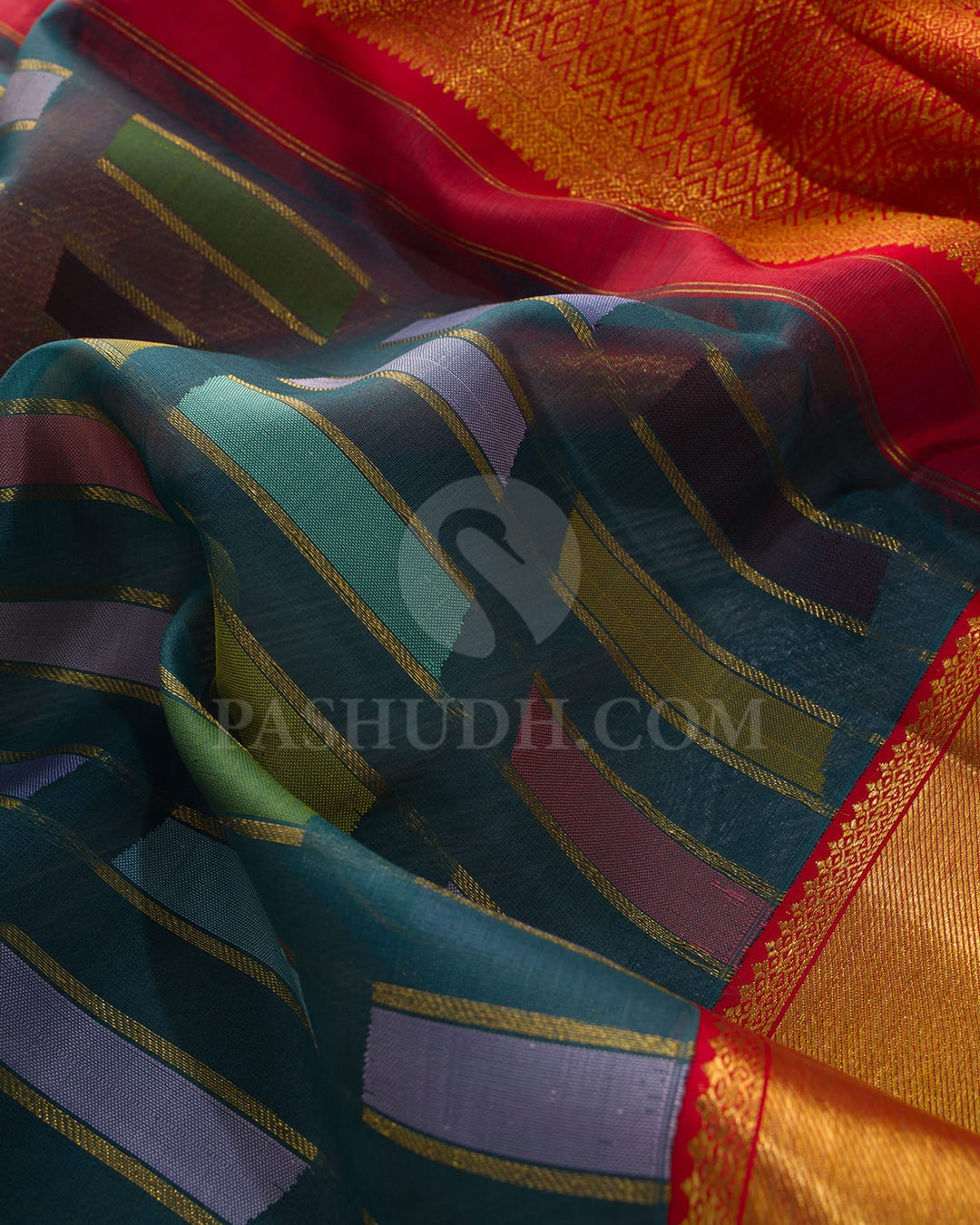 Dark Teal With Bright Red Kora Organza Kanjivaram Silk Saree-DA8