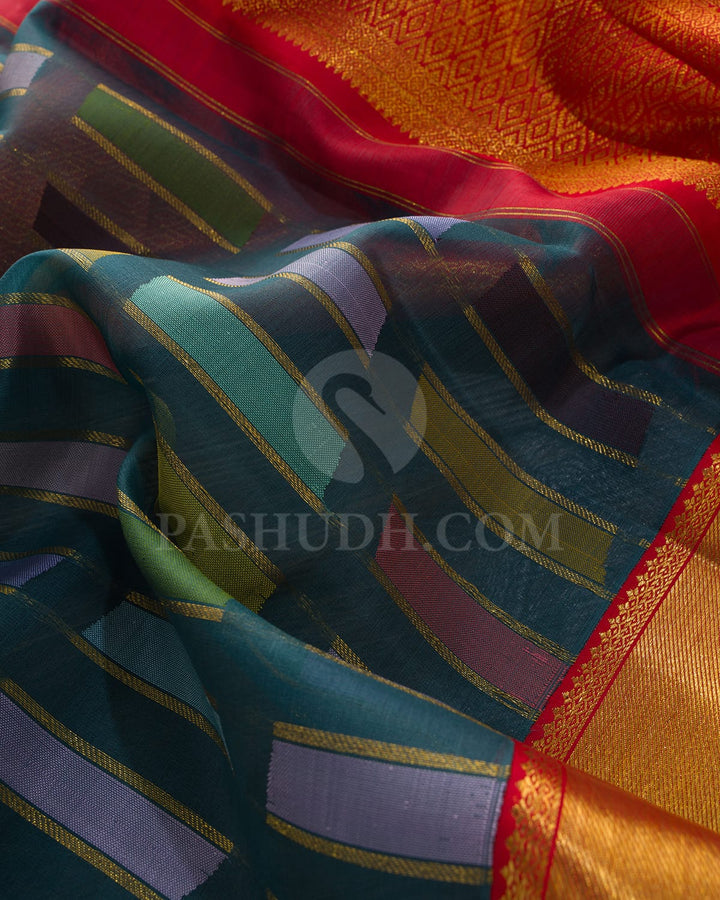 Dark Teal With Bright Red Kora Organza Kanjivaram Silk Saree-DA8