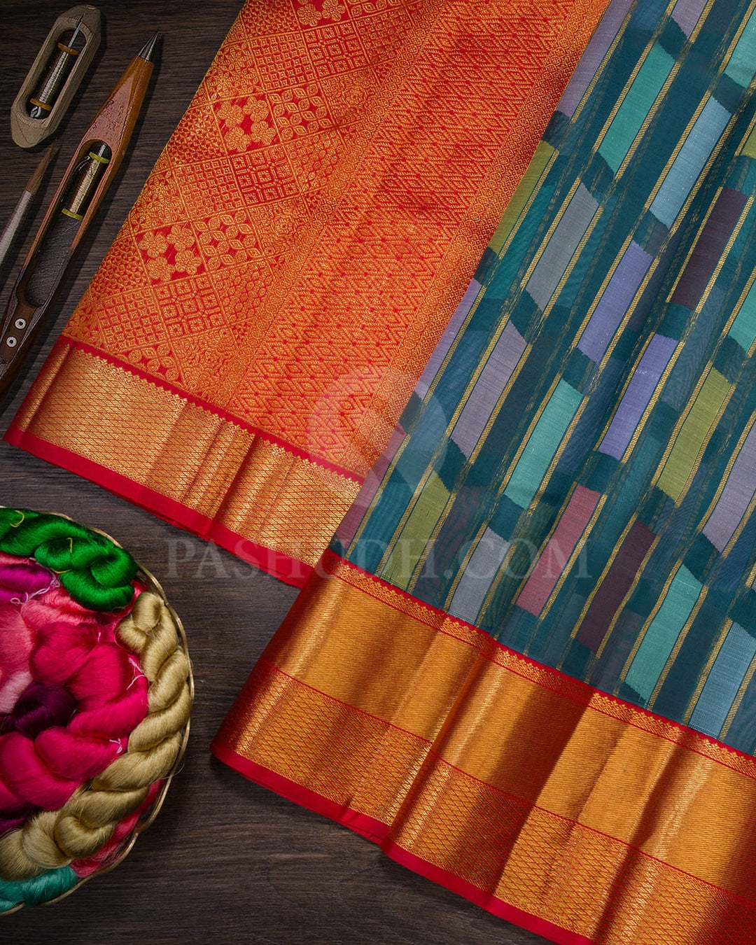 Dark Teal With Bright Red Kora Organza Kanjivaram Silk Saree-DA8