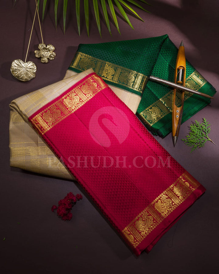 Beige With Rich Red And Bottle Green Kanjivaram Silk Saree-S1760(A)