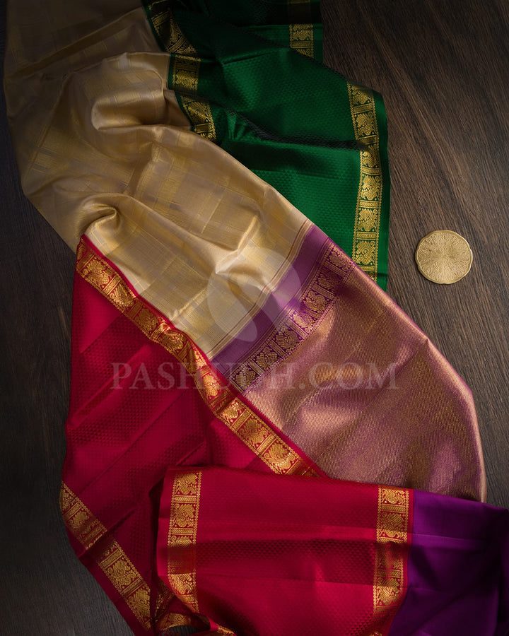 Beige With Rich Red And Bottle Green Kanjivaram Silk Saree-S1760(A)