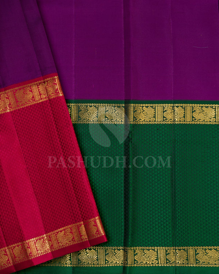 Beige With Rich Red And Bottle Green Kanjivaram Silk Saree-S1760(A)