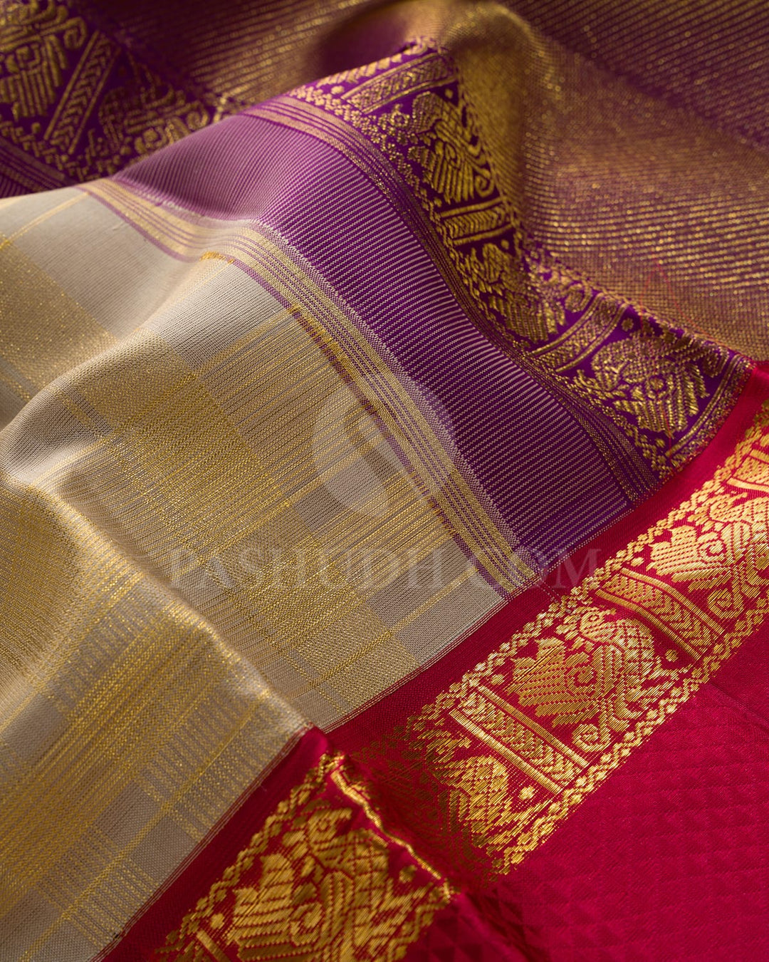 Beige With Rich Red And Bottle Green Kanjivaram Silk Saree-S1760(A)