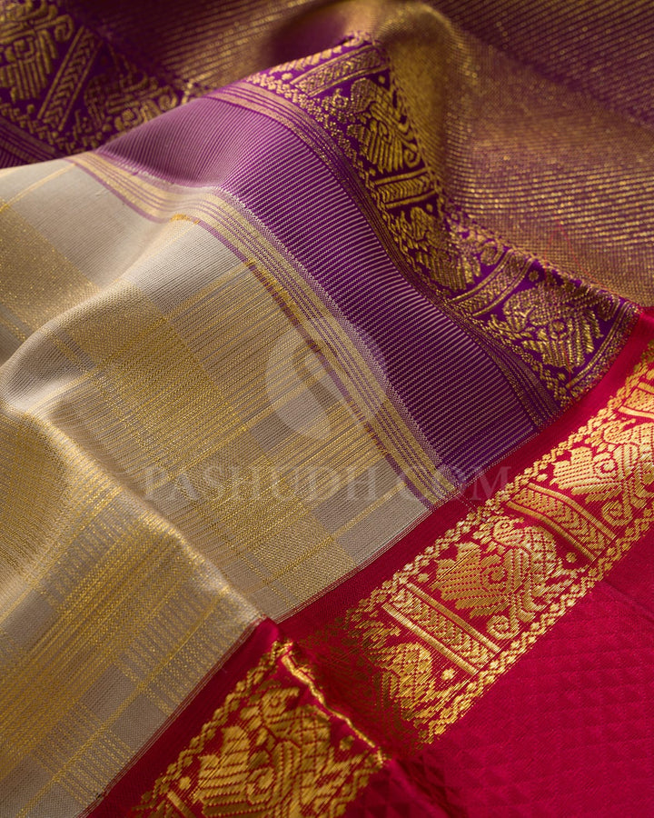 Beige With Rich Red And Bottle Green Kanjivaram Silk Saree-S1760(A)