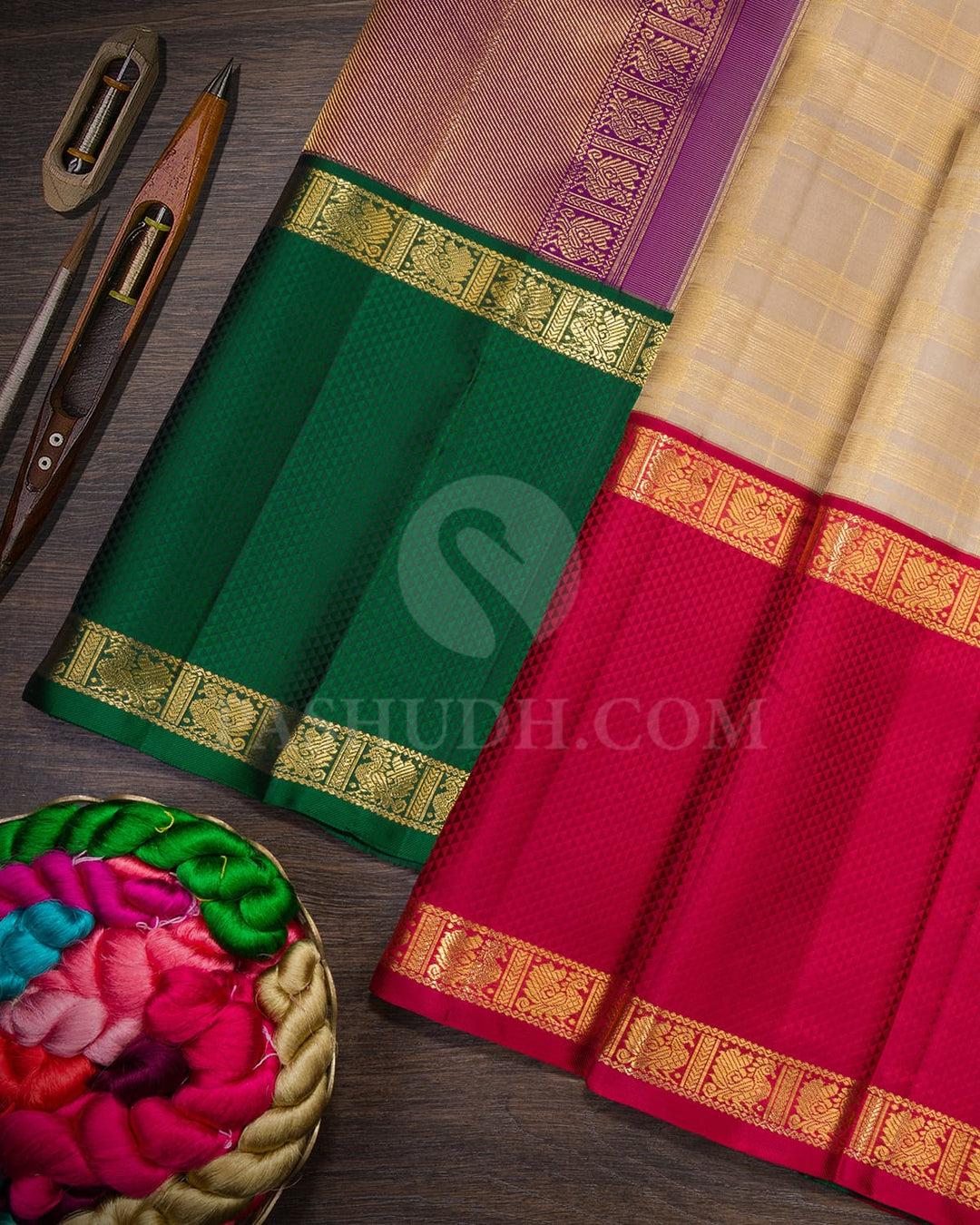 Beige With Rich Red And Bottle Green Kanjivaram Silk Saree-S1760(A)