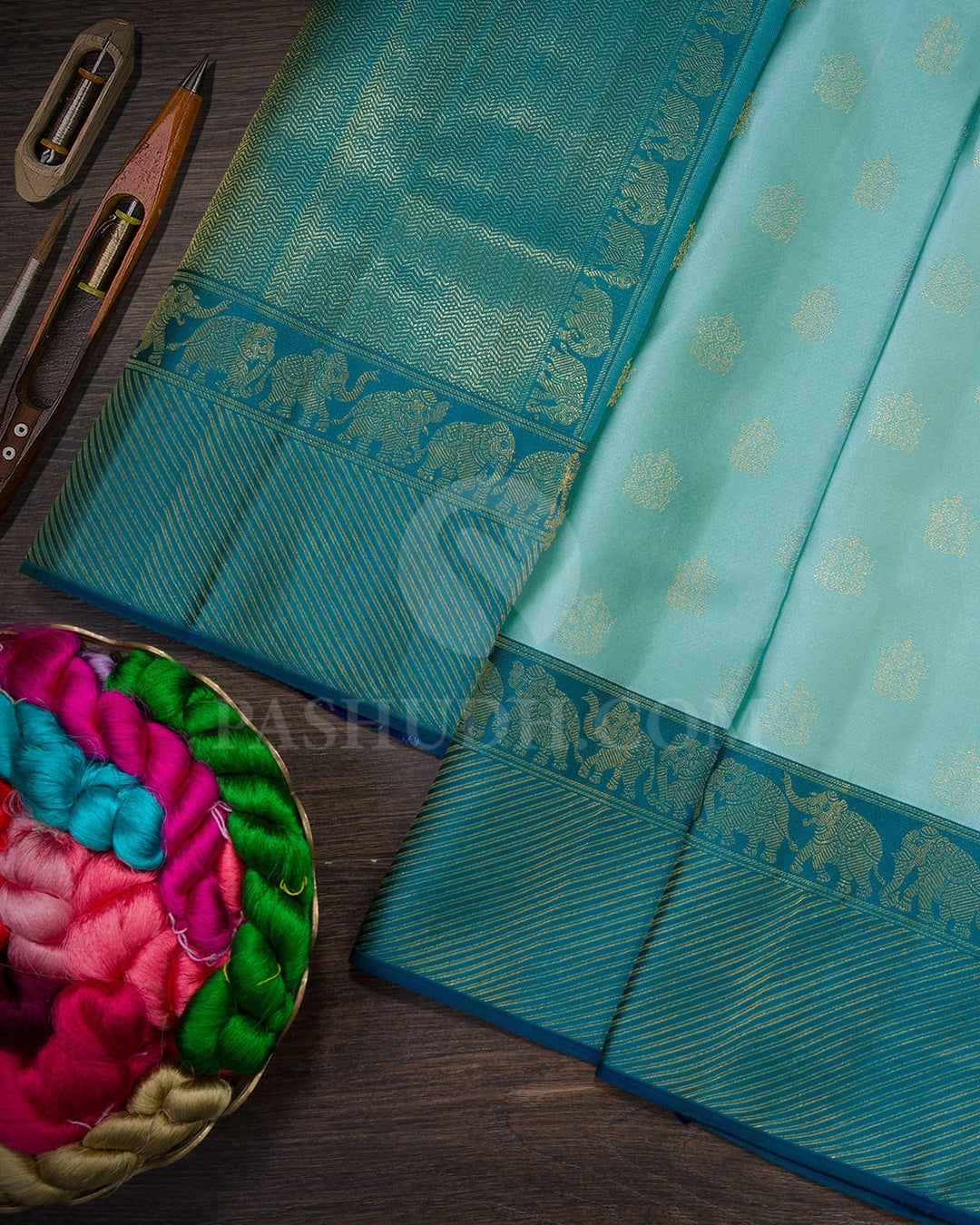 Pastel Blue With Dark Cyan Kanjivaram Silk Saree-D687(B)