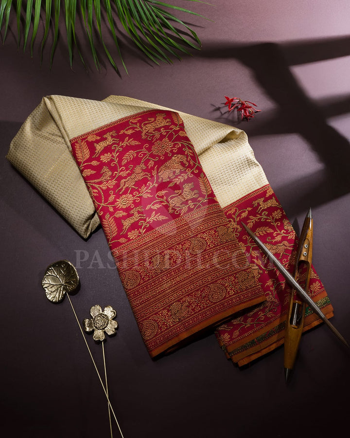 Half White With Red Traditional Kanjivaram Silk Saree-S1665(B)